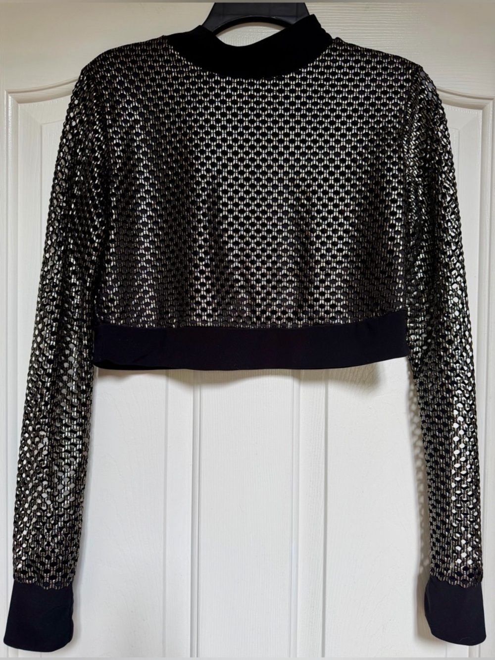 Metallic Mesh Crop Top Black Gold Long Sleeve Sheer Party Club Top No Size Tag